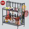 Sports Equipment Organizer, Basketball Storage Rack, Sports Organizer Cart with Basket and Hooks